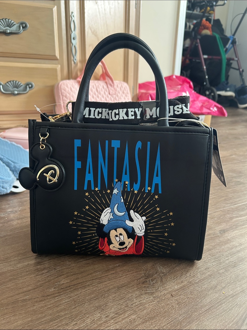 NWT Disney Black Fantasia Mickey Mouse bag with Blue Lettering